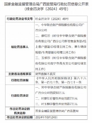 中华财险广西分公司被罚50万元：因财务数据不真实